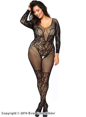 Elegantes Bodystocking, kleines Netz, offener Schritt, Blumenspitze, lange Ärmel, Plus Size